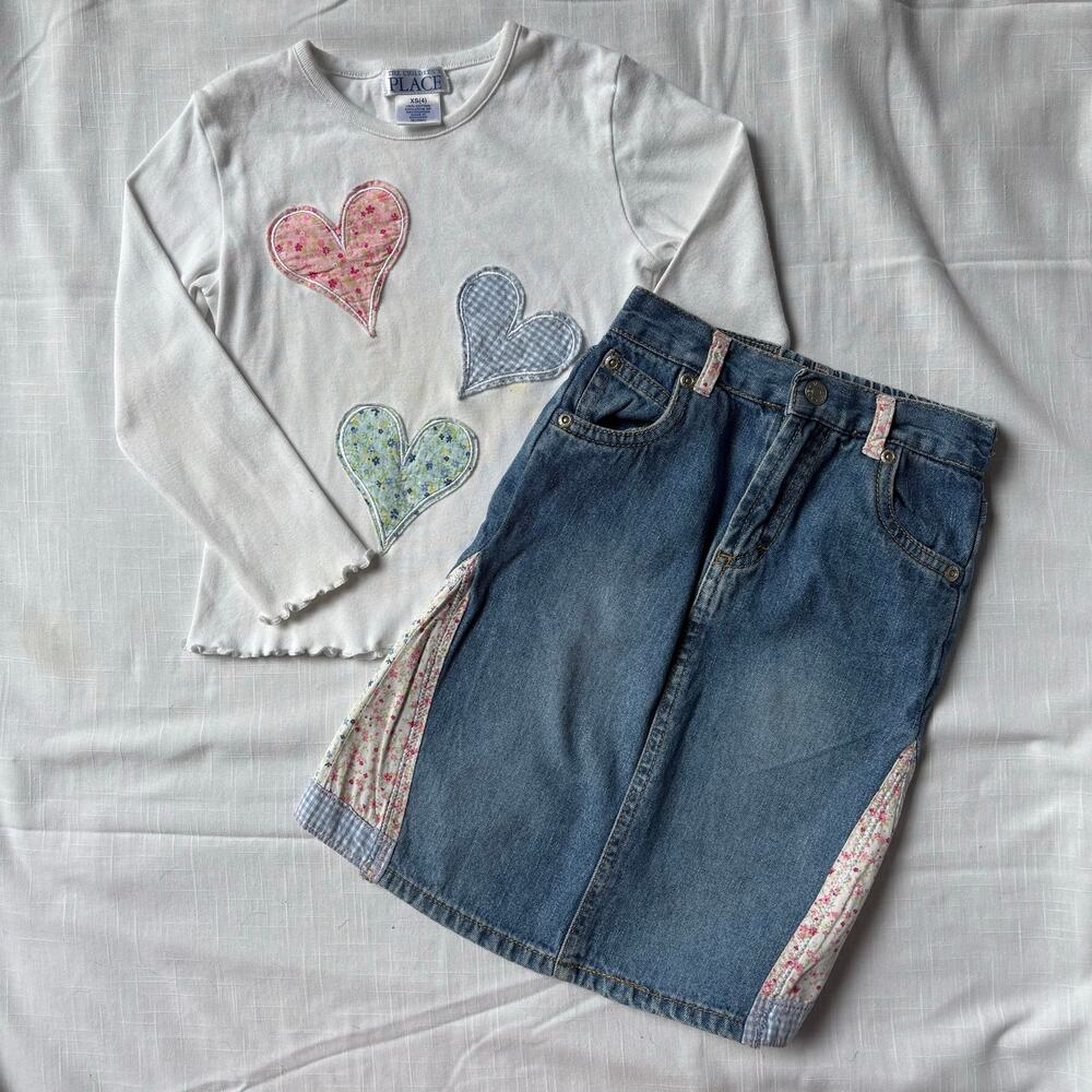 Vintage Y2K Denim Patchwork Peasant Skirt Set by The Children's Place XS (4)